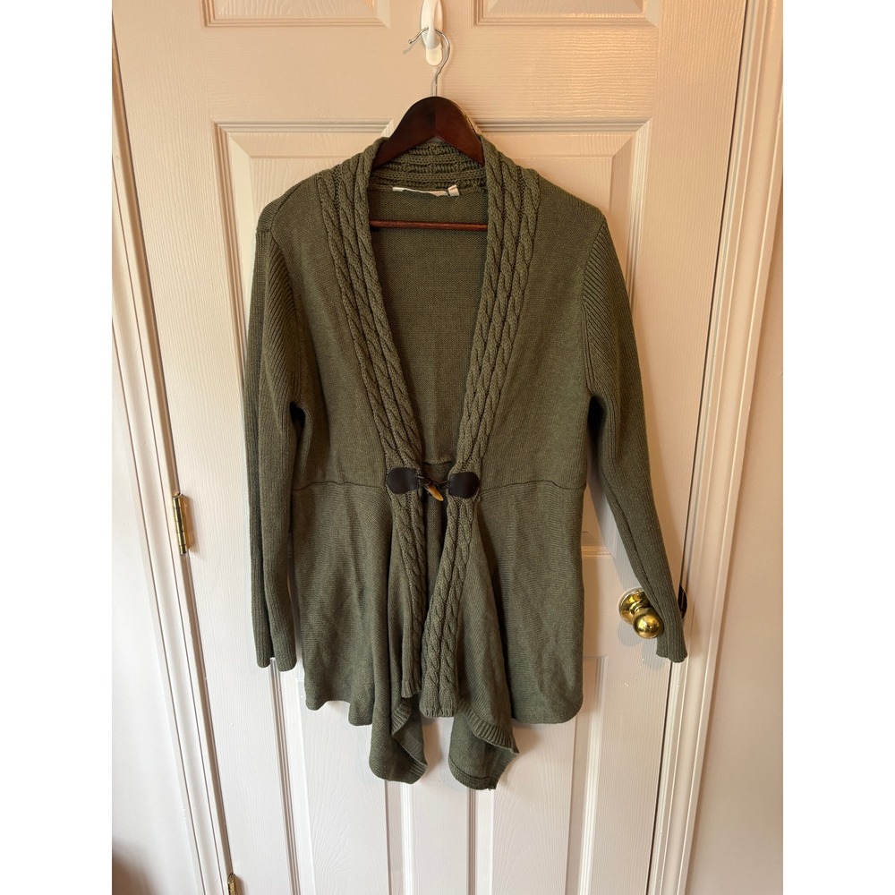 Soft Surroundings Cardigan Women L Olive Green Toggle Cable Knit 2CP19 Sweater
